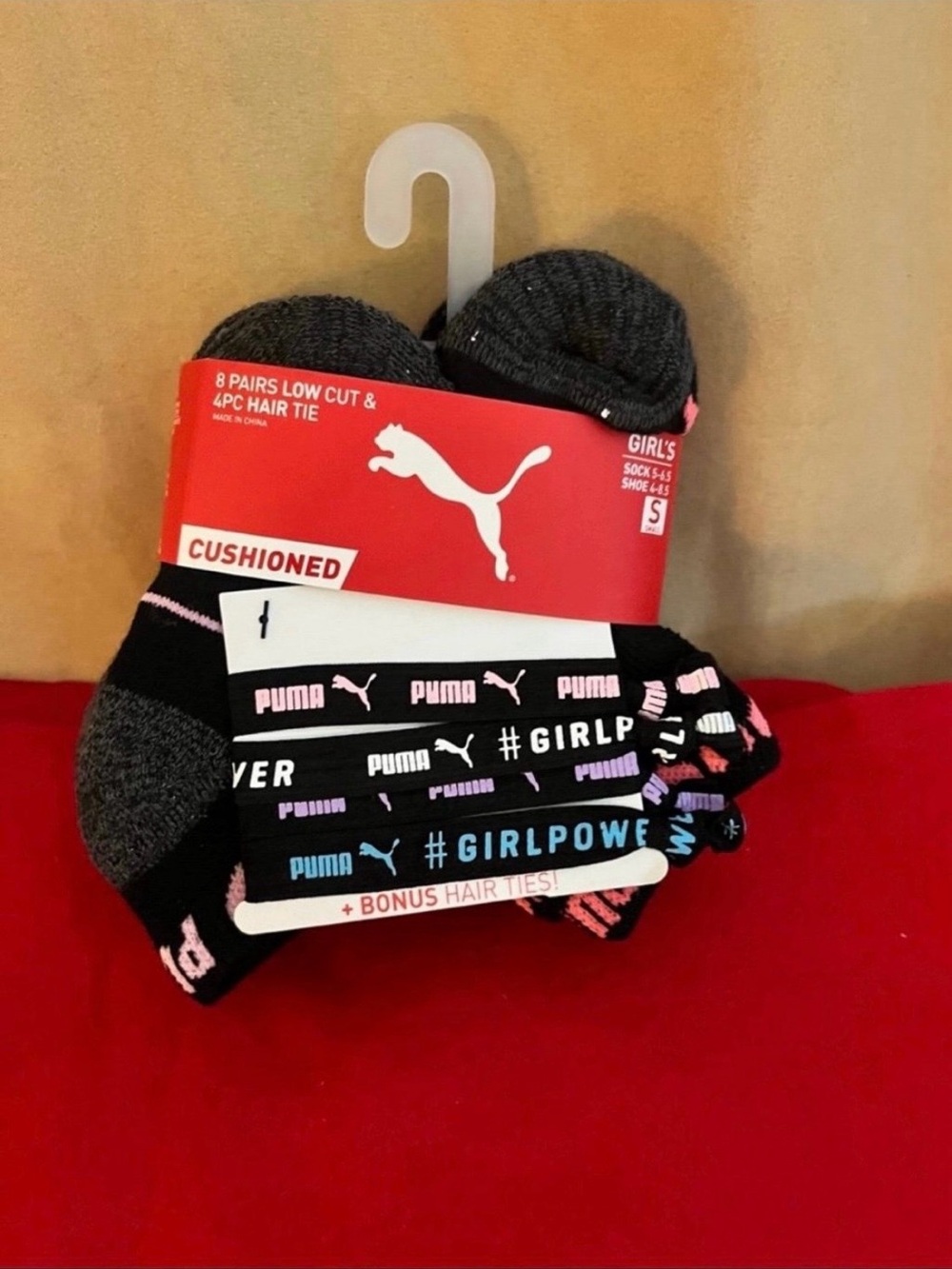 Puma Girls 8 Pack Low Cut Socks + 4 Bonus Hair Ties Pack